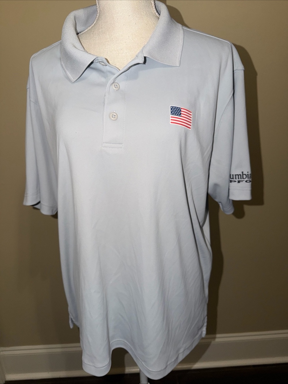 Columbia Light Blue Men’s Polo with American Flag Chest Patch large